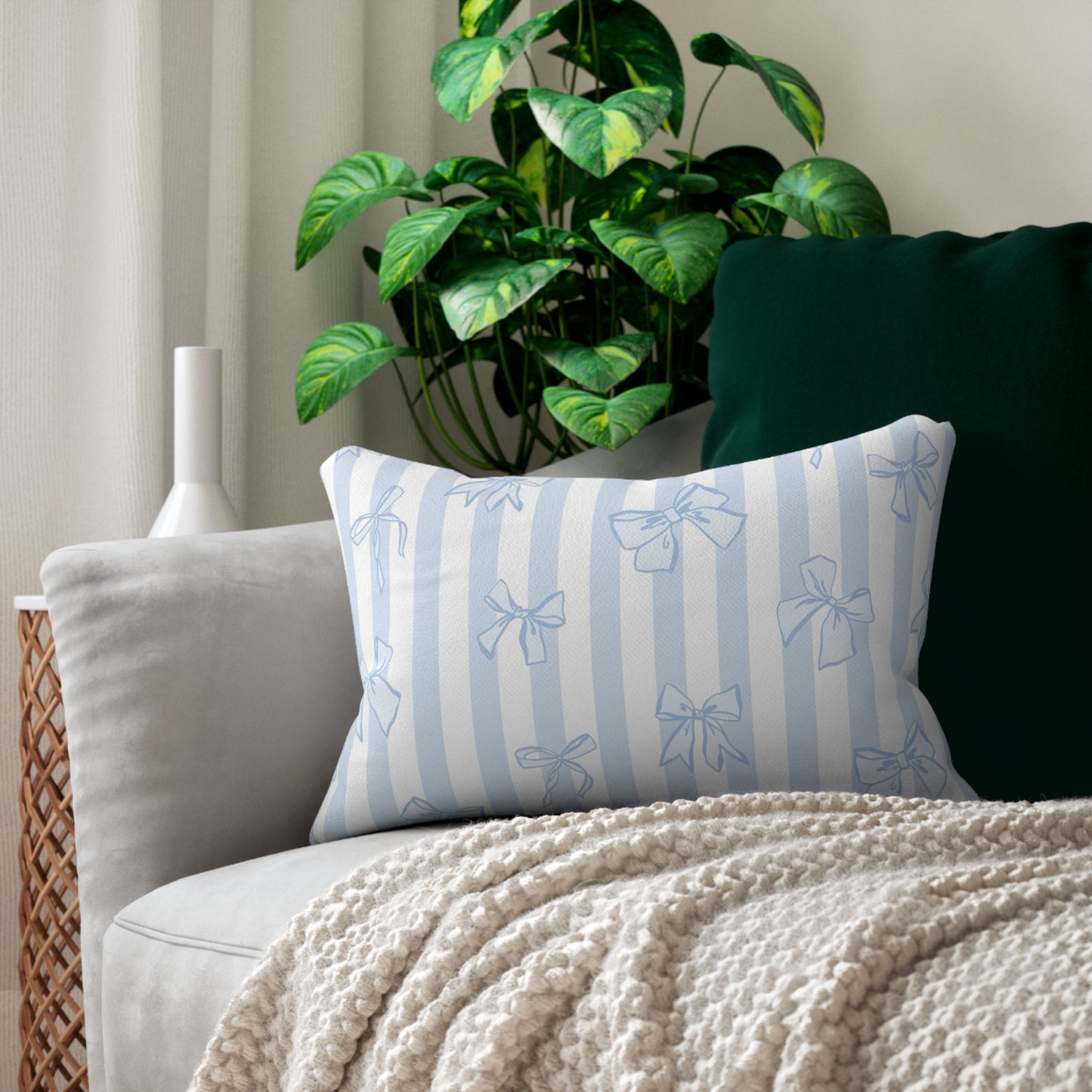 Preppy Blue Bow Coquette Lumbar Pillow, Decorative Cushion for Home, Dorm Room Decor, Unique Home Accent