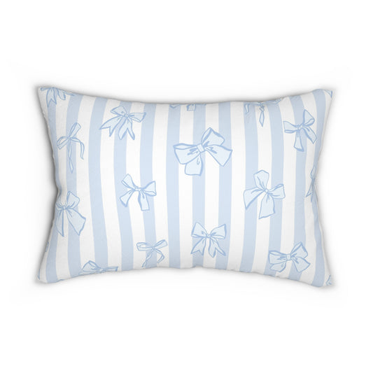 Preppy Blue Bow Coquette Lumbar Pillow, Decorative Cushion for Home, Dorm Room Decor, Unique Home Accent