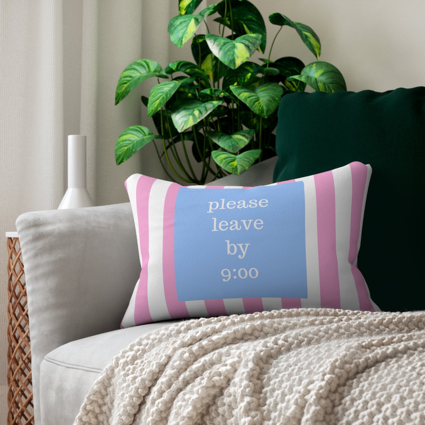 Please Leave By 9 Lumbar Pillow with Fun Quote, Decorative Cushion for Home, Dining Room Decor, Unique Preppy Home Accent
