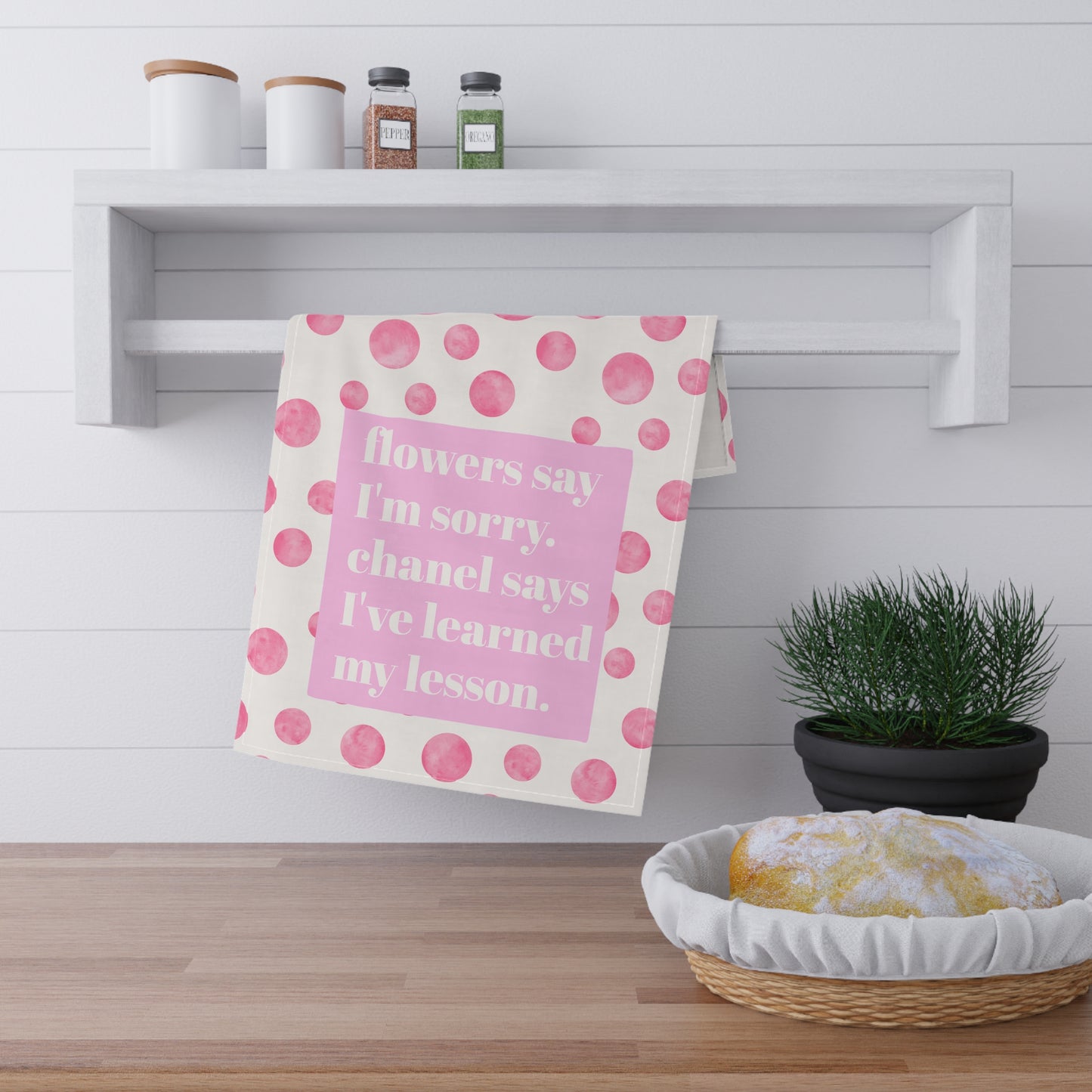 Flowers Say I'm Sorry Pink Preppy Kitchen Tea Towel Funny Hostess Gift