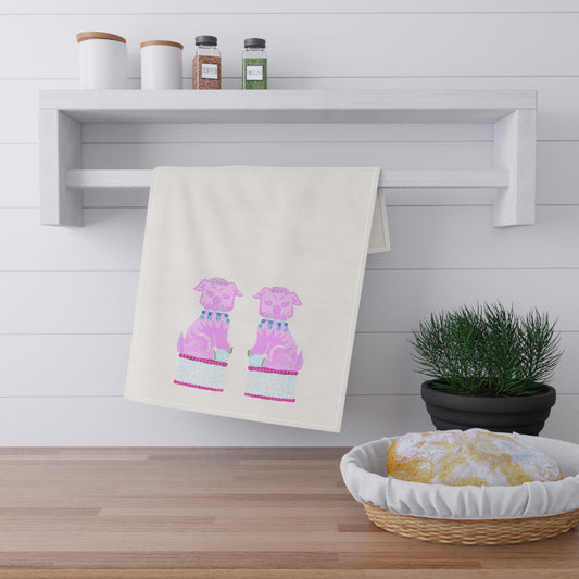 Pink Foo Dog Tea Towel