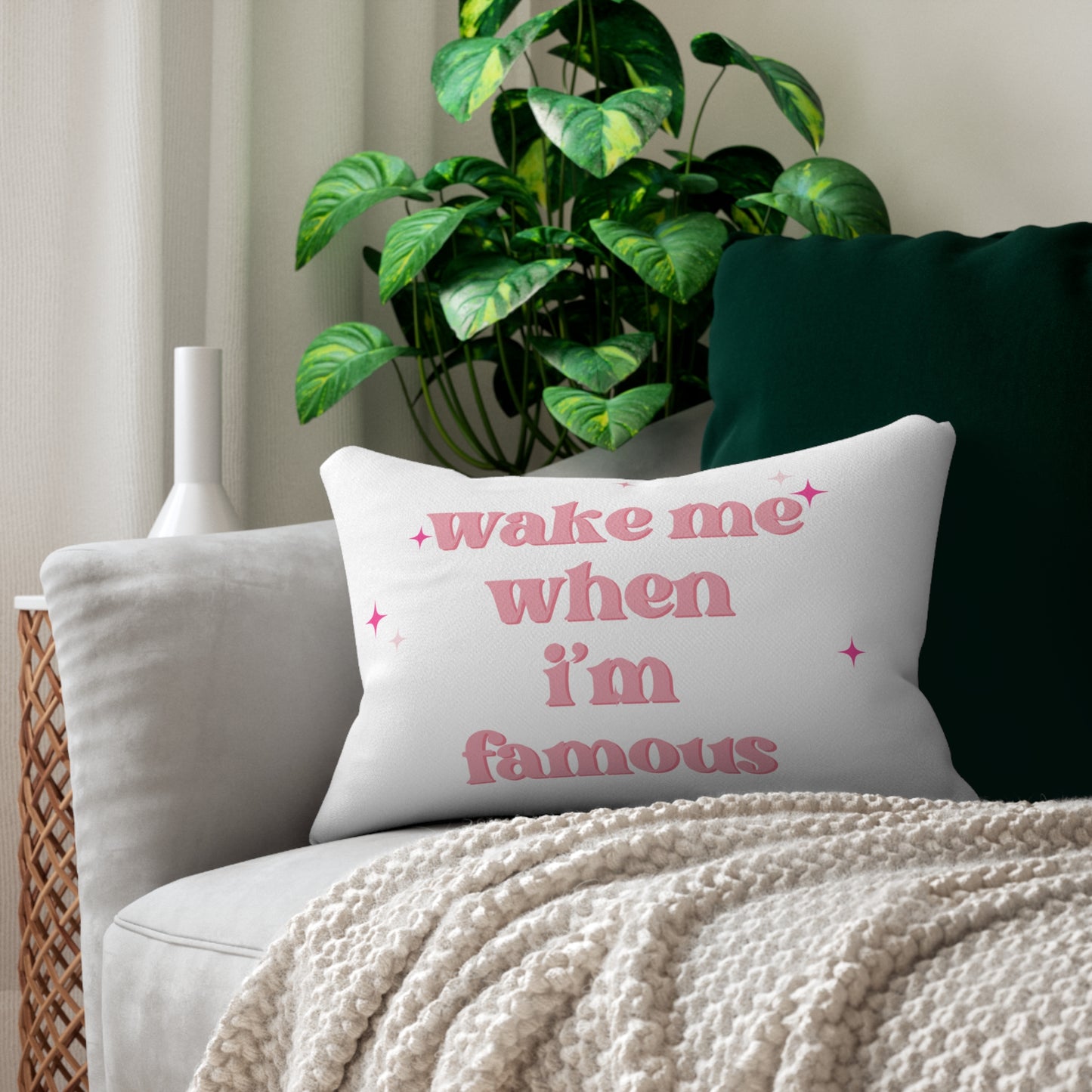 Wake Me When I'm Famous Preppy Lumbar Pillow with Fun Quote, Decorative Cushion for Home, Gift for Girls, Unique Home Accent